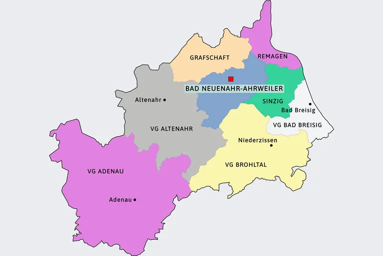 Karte Kreis Ahrweiler mit Sinzig, Remagen, Bad Breisig und Bad Neuenahr-Ahrweiler